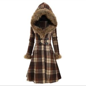 NWT Camisa Large Khaki Plaid Faux-Fur Princess Cut Blanket Trench Coat NEW